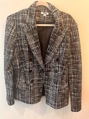 RIRI Black and White Double Breasted Textured Tweed Blazer Jacket